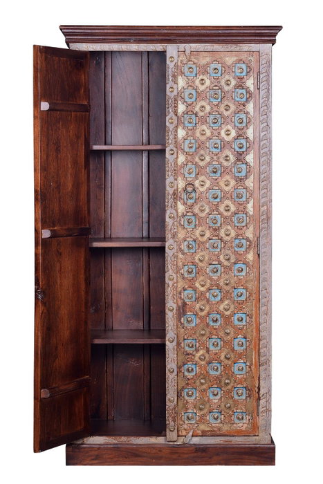 GINER Y COLOMER Armoire 2 portes en bois de manguier, couleur nogal et gris vieilli